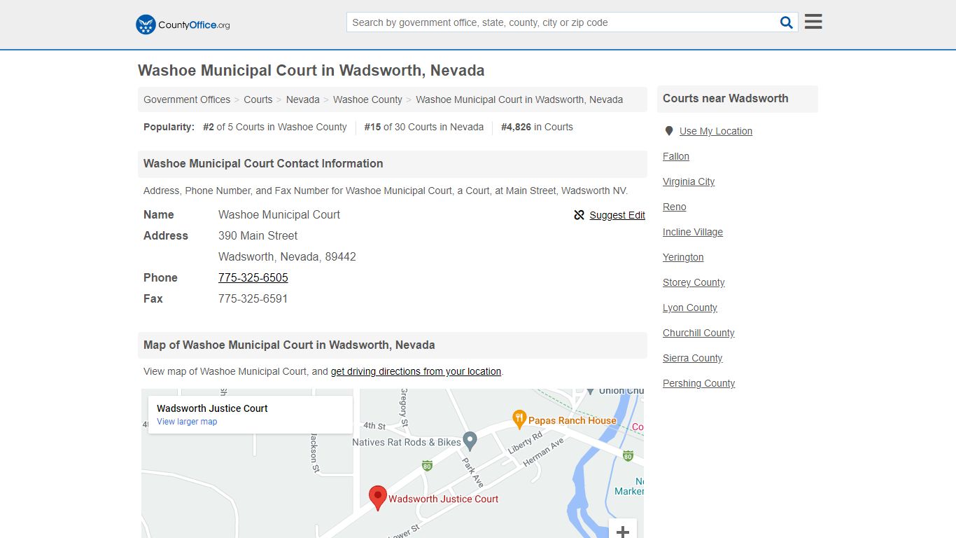 Washoe Municipal Court - Wadsworth, NV (Address, Phone ...